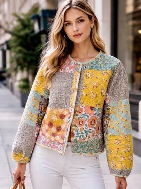 🧵 HANDMADE Patchwork and Floral Short Quilt Jacket S/M